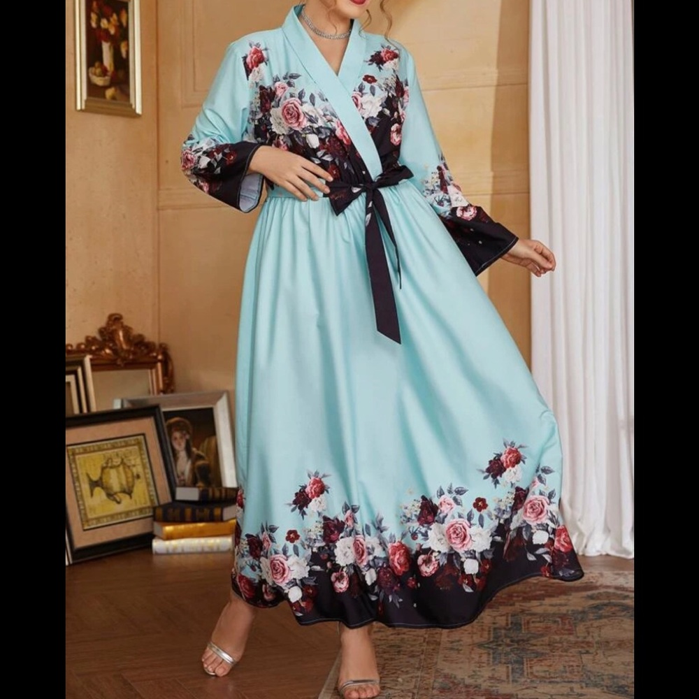 NEW Plus Floral Print Surplice Front Belted Dress